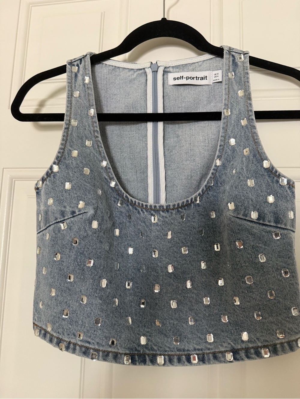 Self-Portrait Light Blue Embellished Denim Crop Top